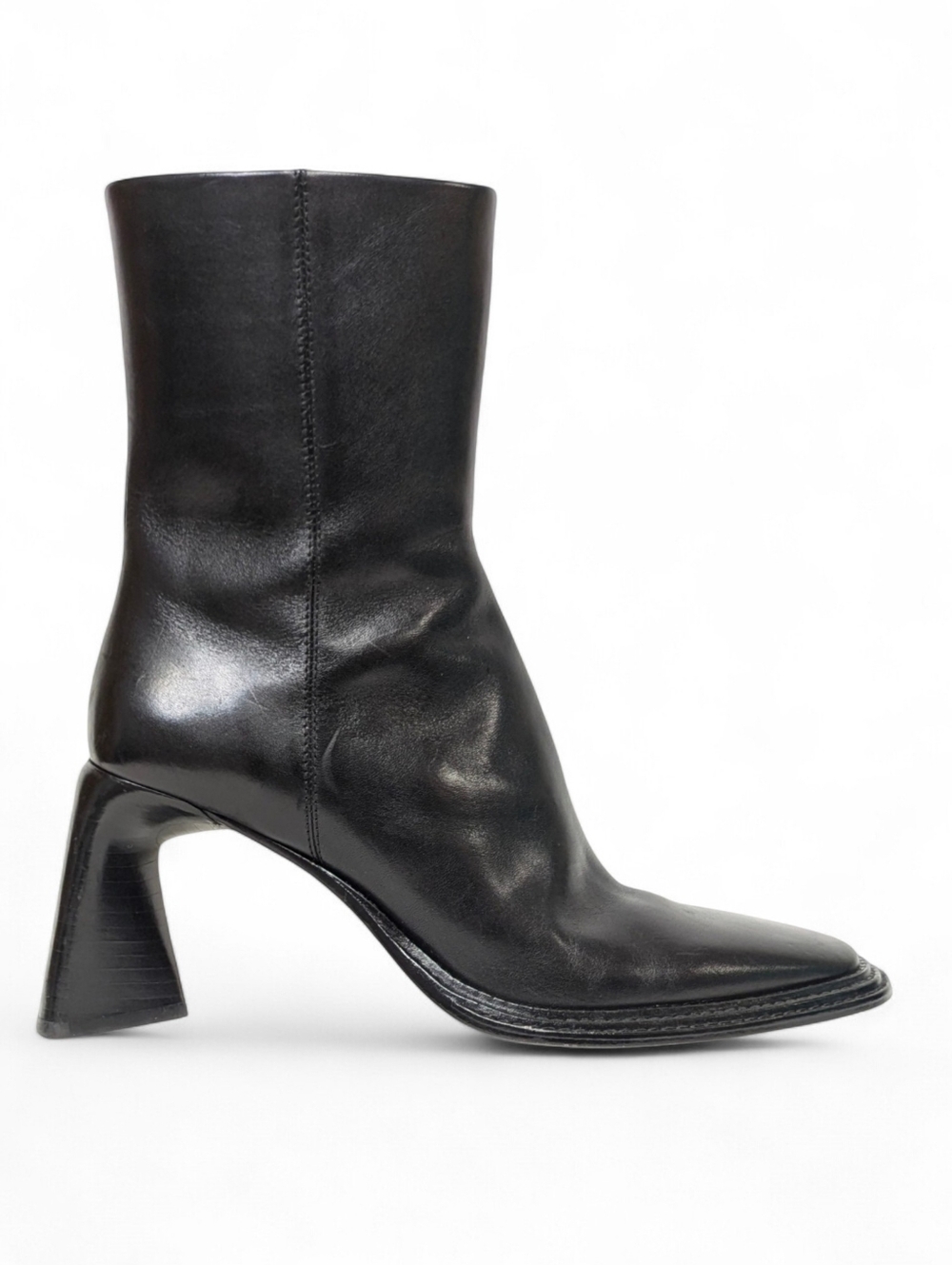 Wang Black Leather Square Toe Sculptural Flare Heel Ankle Boot Minimalist 10